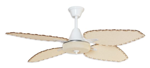 Ventilador SIENA blanco palas y tapa forrada de rattan. Tono natural