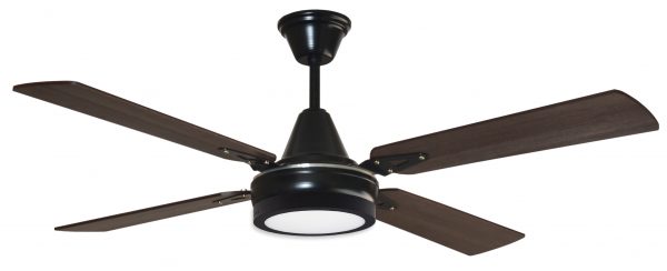 Ventilador GÉNOVA negro palas de melamina y plafón led. Tono nogal